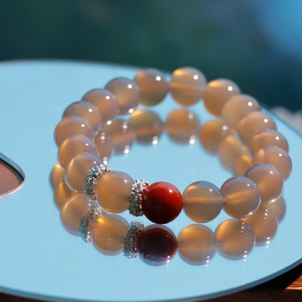 Natural Gray Agate Bracelet with Red Agate Accent, 10mm Gemstone Beads
