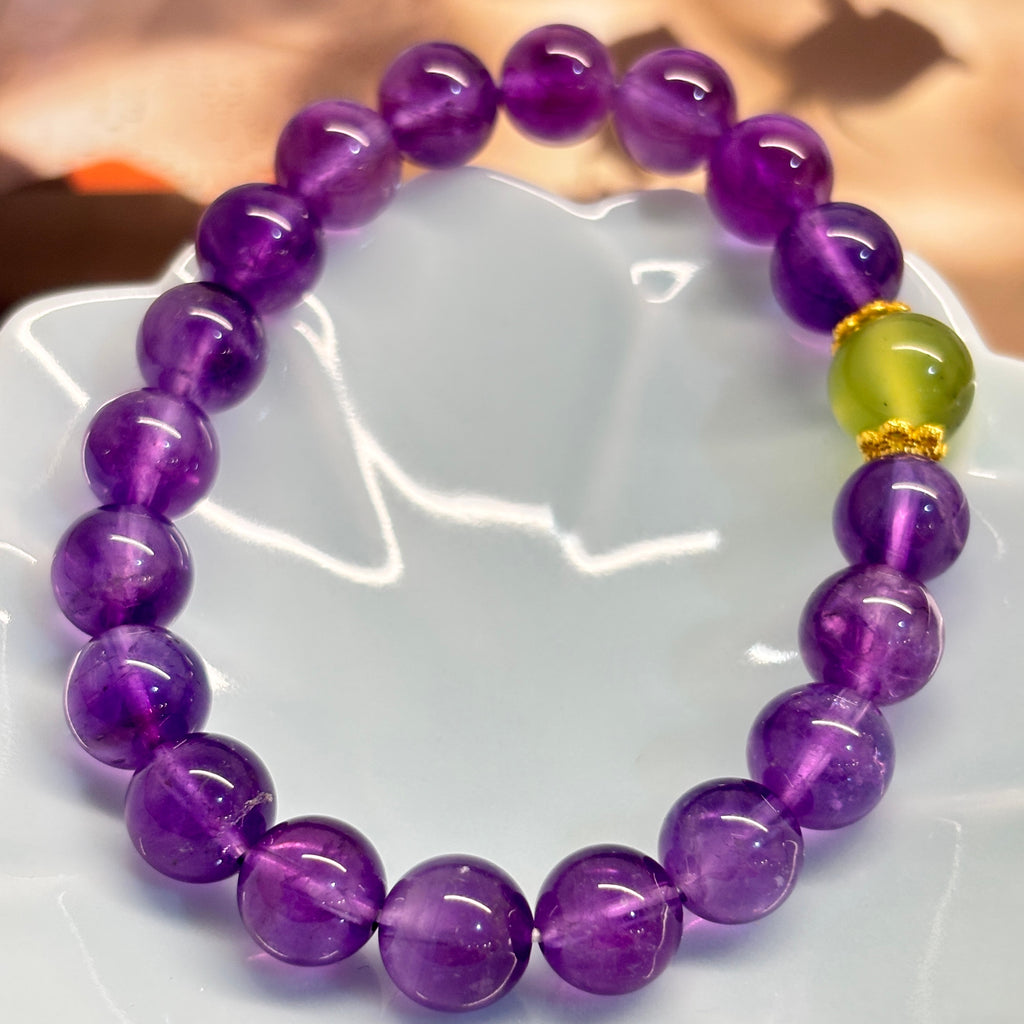 9mm Amethyst & Xiuyu Jade Bracelet – Handmade Natural Crystal Stretch Bracelet