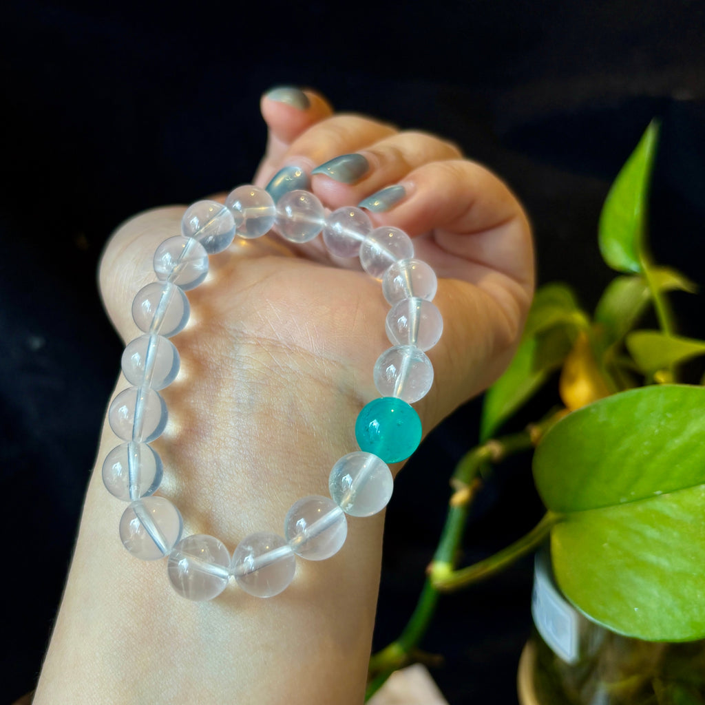 Natural Milky White Crystal & Amazonite Bracelet – 10mm Gemstone Beaded Bracelet