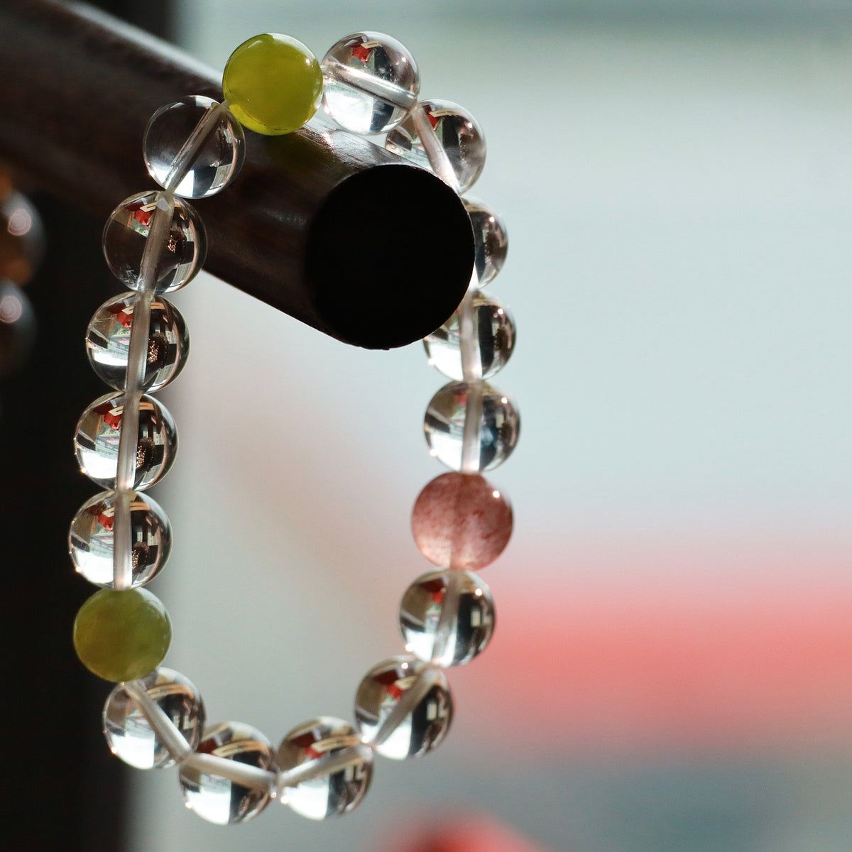 Natural Clear Quartz Bracelet with Xiuyan Jade & Strawberry Quartz | 10mm Gemstone Beads