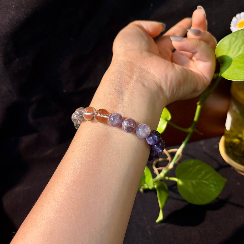 10mm Silver Purple Lepidolite & White Quartz Bracelet – Handmade Natural Crystal Stretch Bracelet