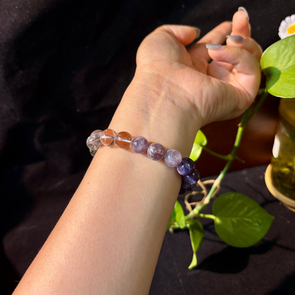 10mm Silver Purple Lepidolite & White Quartz Bracelet – Handmade Natural Crystal Stretch Bracelet