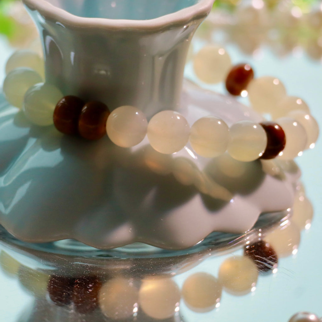Natural Moonstone & Kuk Wood Bracelet | 9mm Gemstone Beads