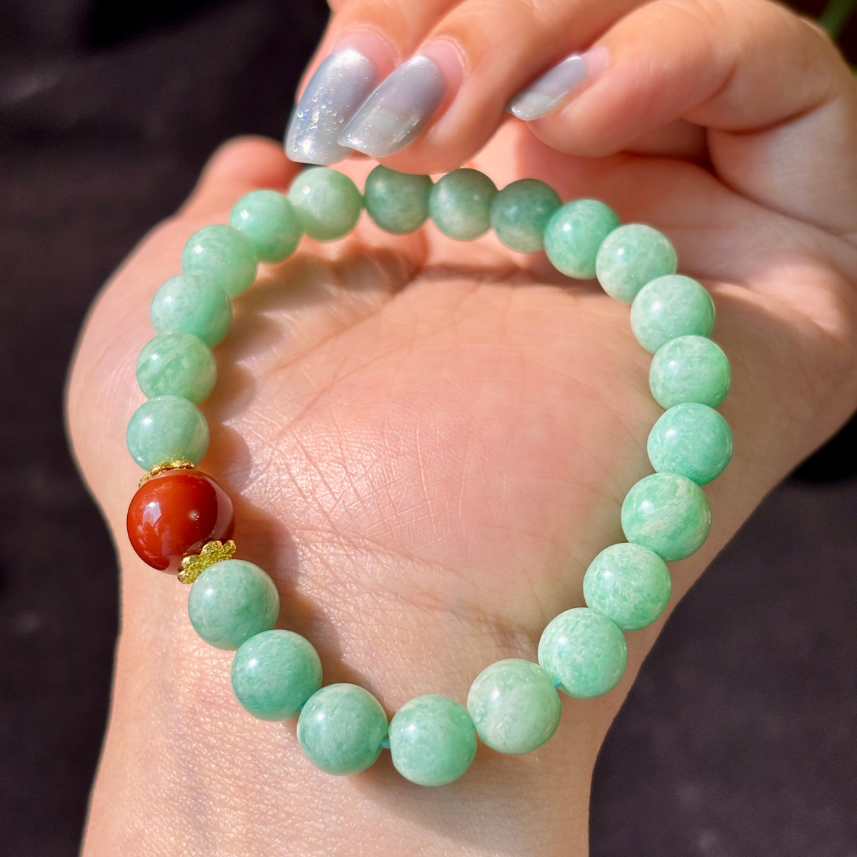 8mm Natural Old-Mine Amazonite Beaded Bracelet, Accented with a Single Red Agate