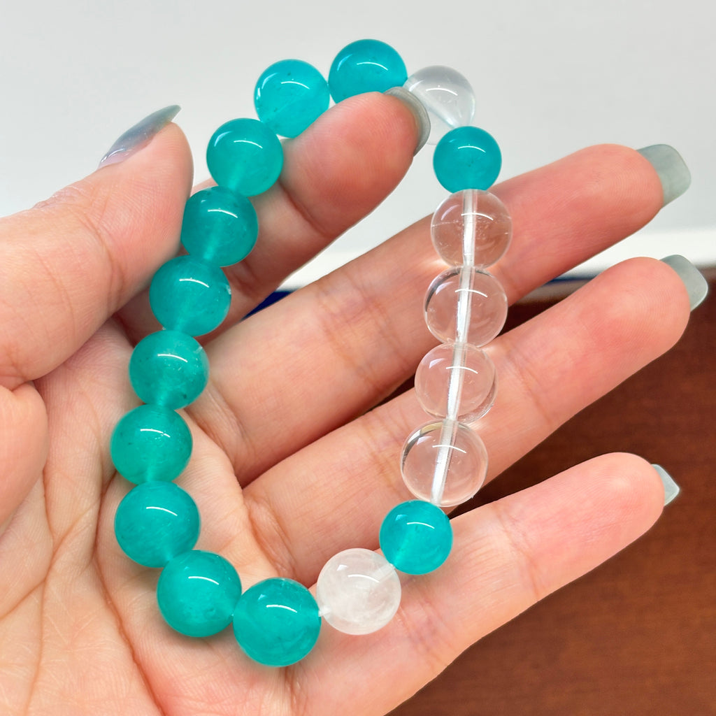 9–10mm Amazonite & Clear Quartz Bracelet – Handmade Natural Gemstone Stretch Bracelet