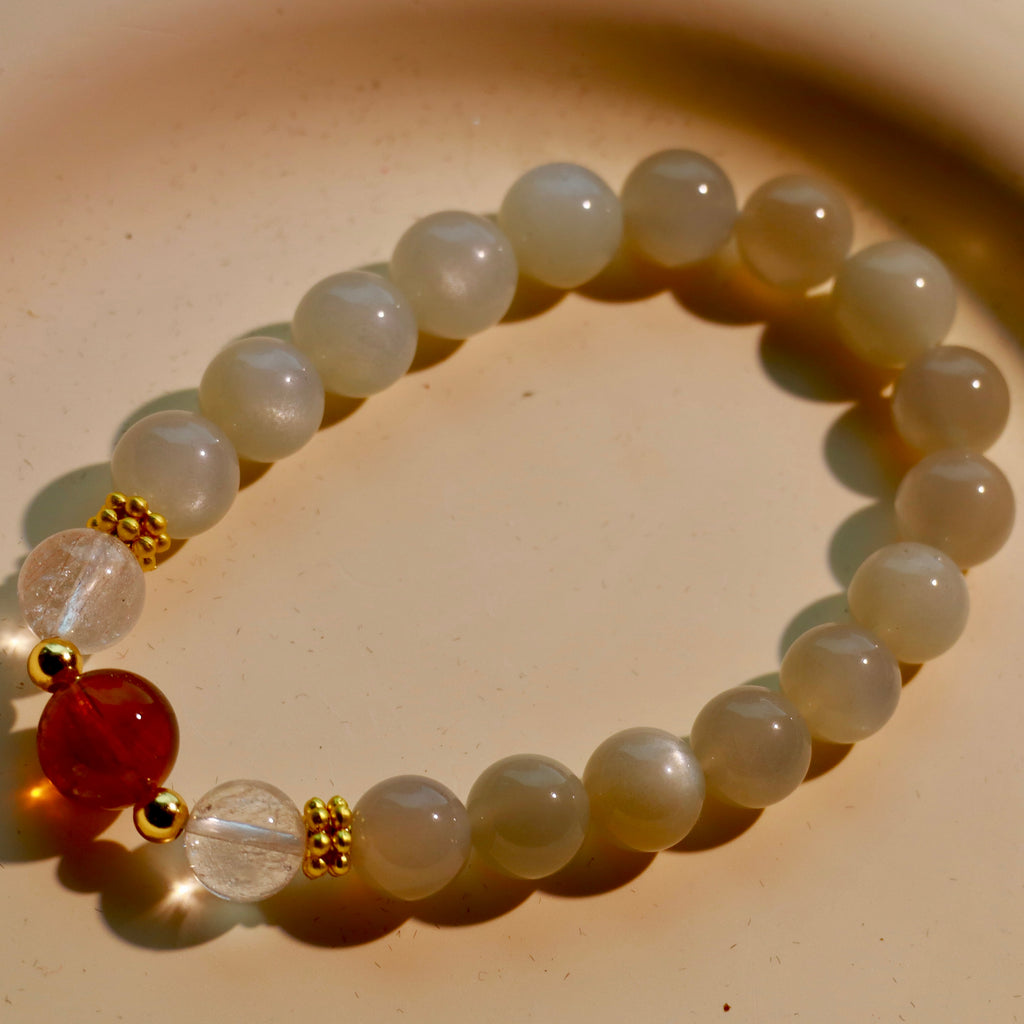 Natural Silver Moon Stone & Citrine Bracelet | 9mm Crystal Beads