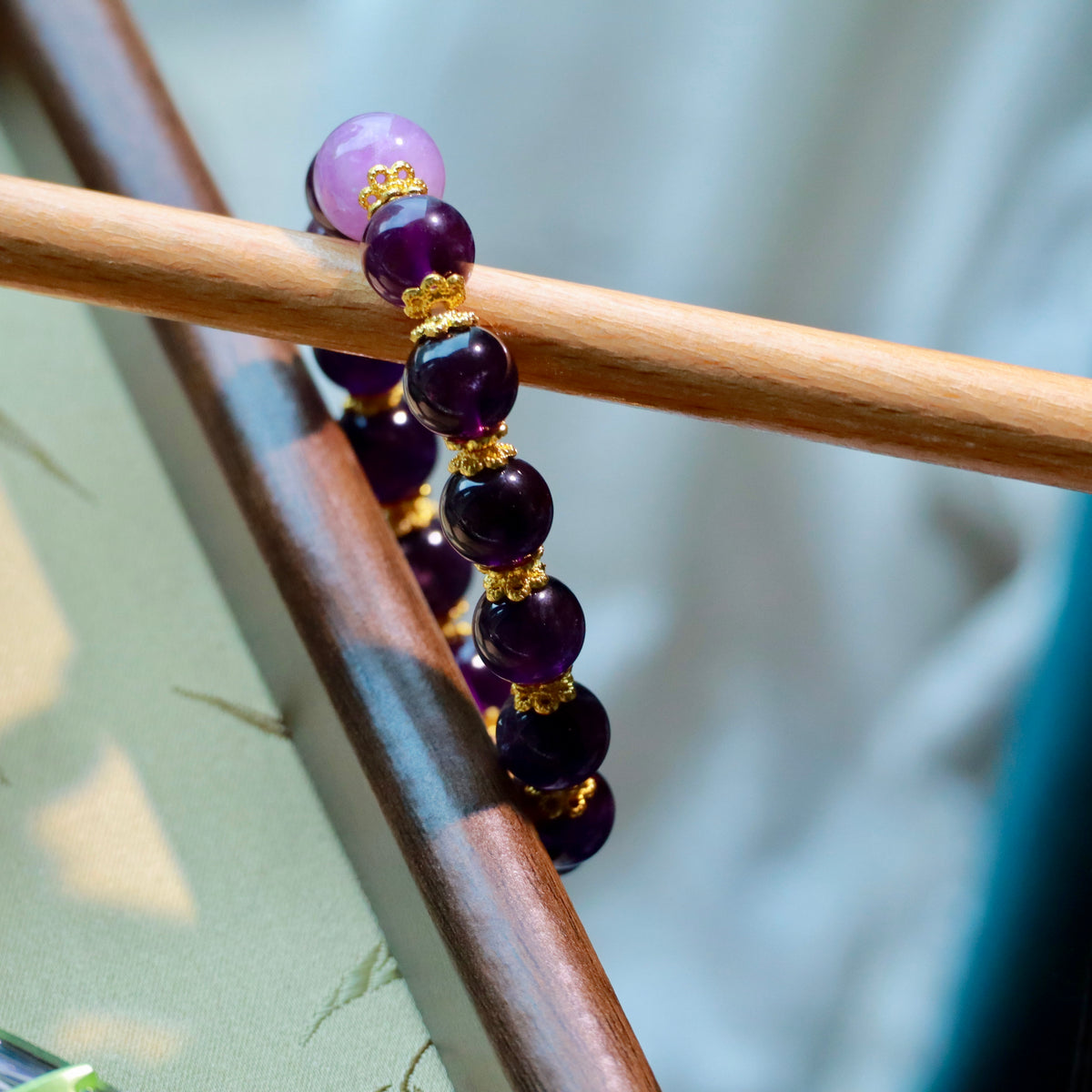 9-10mm Natural Uruguayan Amethyst Bracelet | Deep Purple Crystal with Yellow Hematoid Quartz
