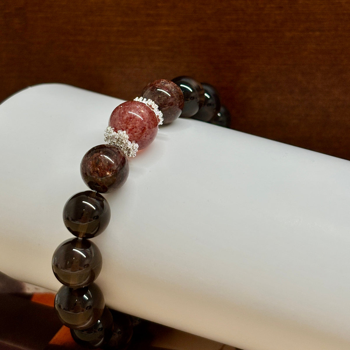 Smoky Quartz Bracelet with Black Super Seven & Red Strawberry Quartz, 10mm