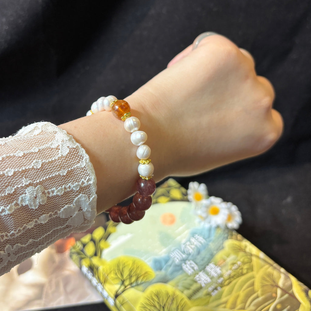 10mm Strawberry Quartz & Pearl Bracelet with Golden Rutilated Quartz