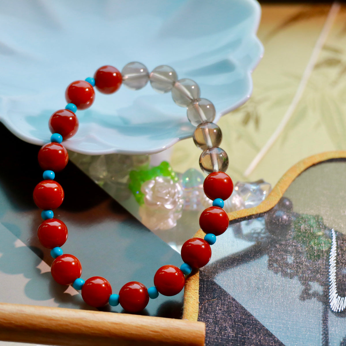 Natural Nanhong Agate & Smoky Quartz Bracelet | 8mm Gemstone Beads