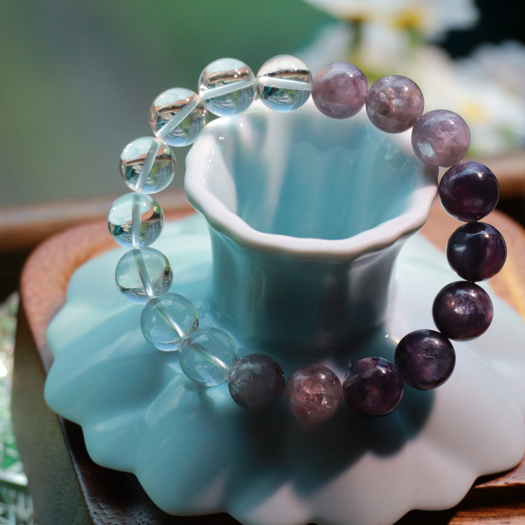 10mm Silver Purple Lepidolite & White Quartz Bracelet – Handmade Natural Crystal Stretch Bracelet