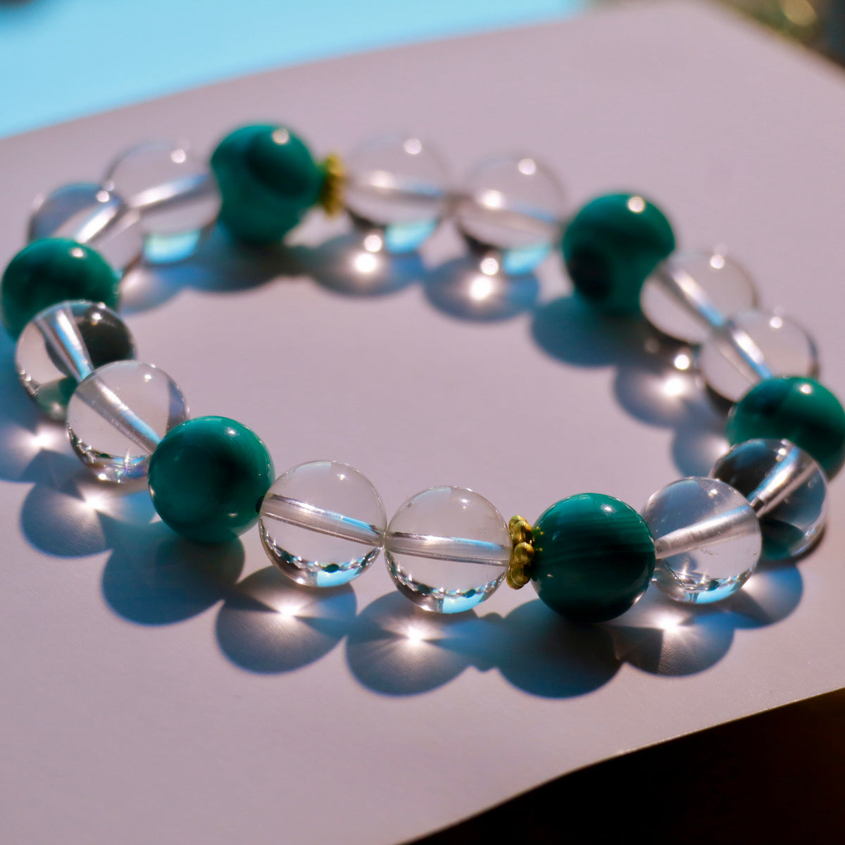 Natural Malachite & Clear Quartz Bracelet | 10mm Gemstone Beads