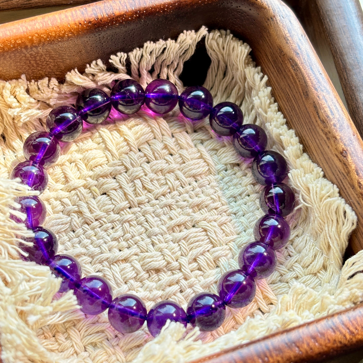 Natural Uruguayan Amethyst Bracelet, Deep Purple 9mm Crystal Beads, February Birthstone Jewelry