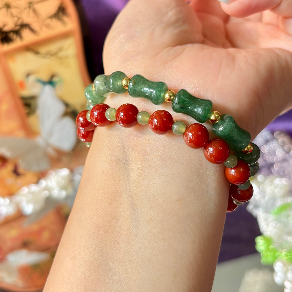 Natural Gemstone Stacking Bracelet Set | 8mm Nanhong Agate, Hetian Jade & Aventurine