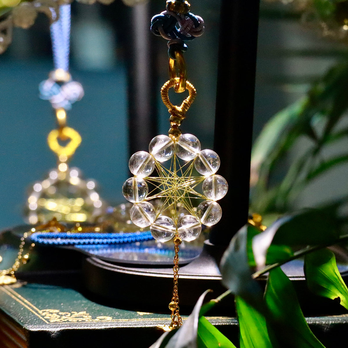Natural Clear Quartz Crystal Hanging Ornament with Gold Cord for Home Decor Witch Crystal