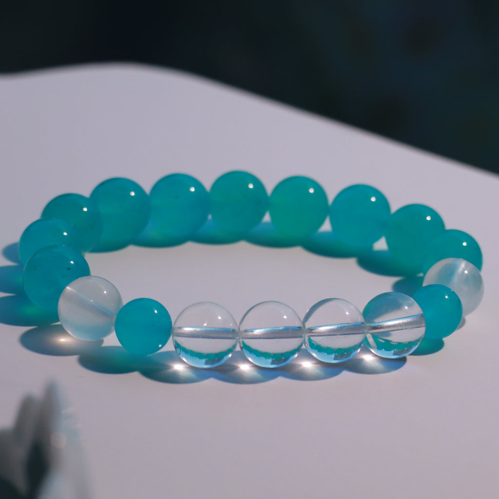 9–10mm Amazonite & Clear Quartz Bracelet – Handmade Natural Gemstone Stretch Bracelet