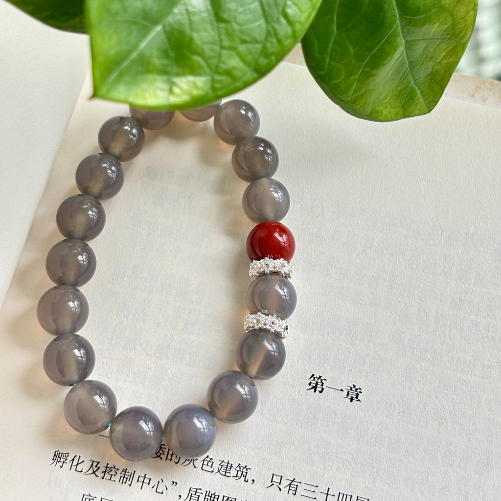 Natural Gray Agate Bracelet with Red Agate Accent, 10mm Gemstone Beads
