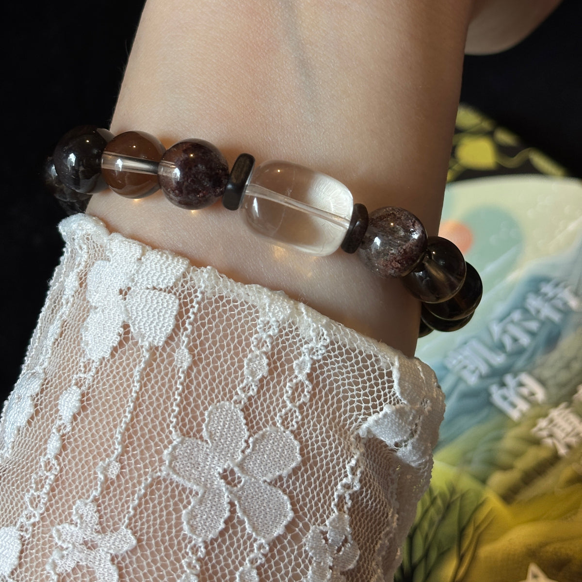 Black Gold Super Seven & Smoky Quartz Bracelet with Red Phantom Quartz and Clear Quartz