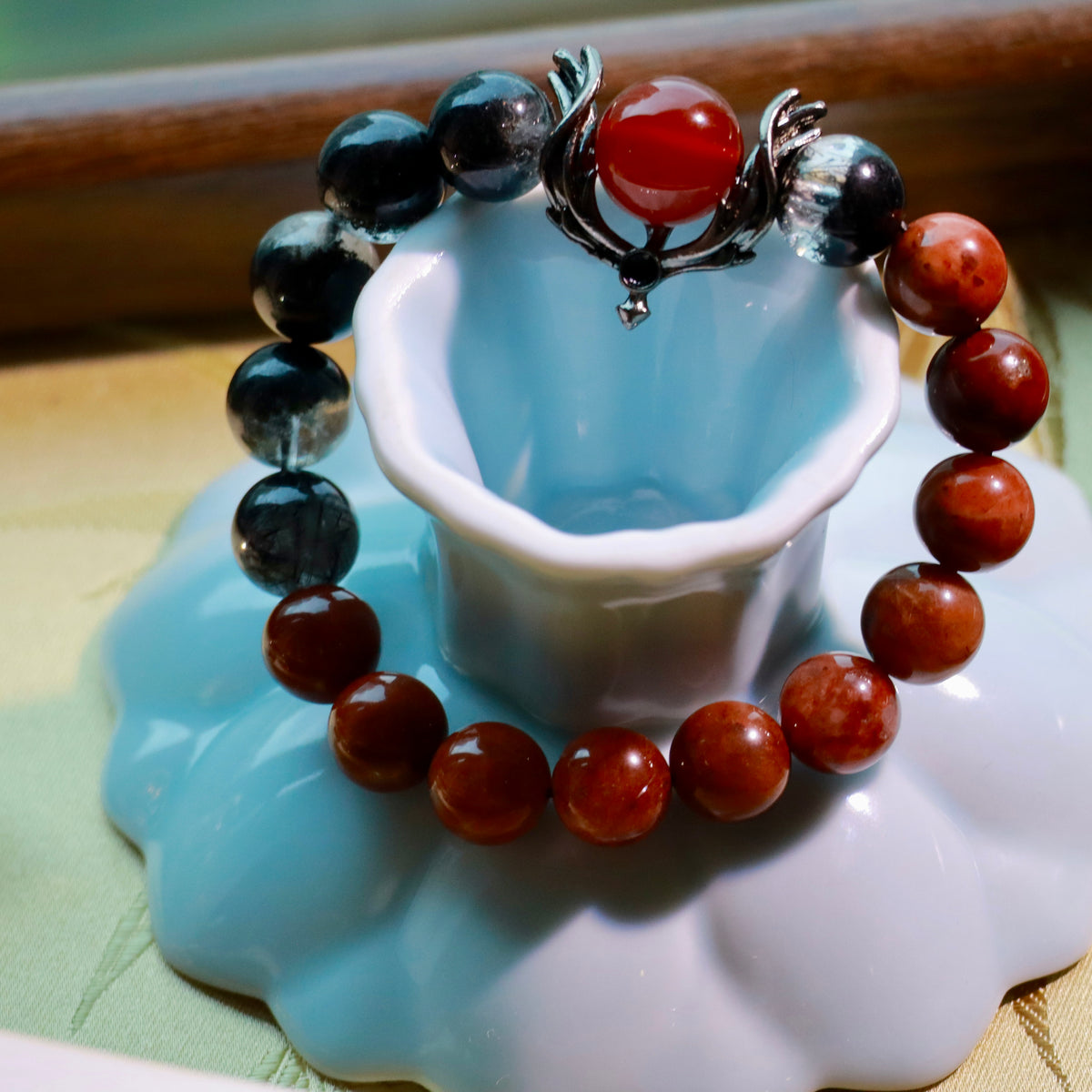 Natural Black Phantom & Red Rutilated Quartz Bracelet | 10mm Crystal Beads