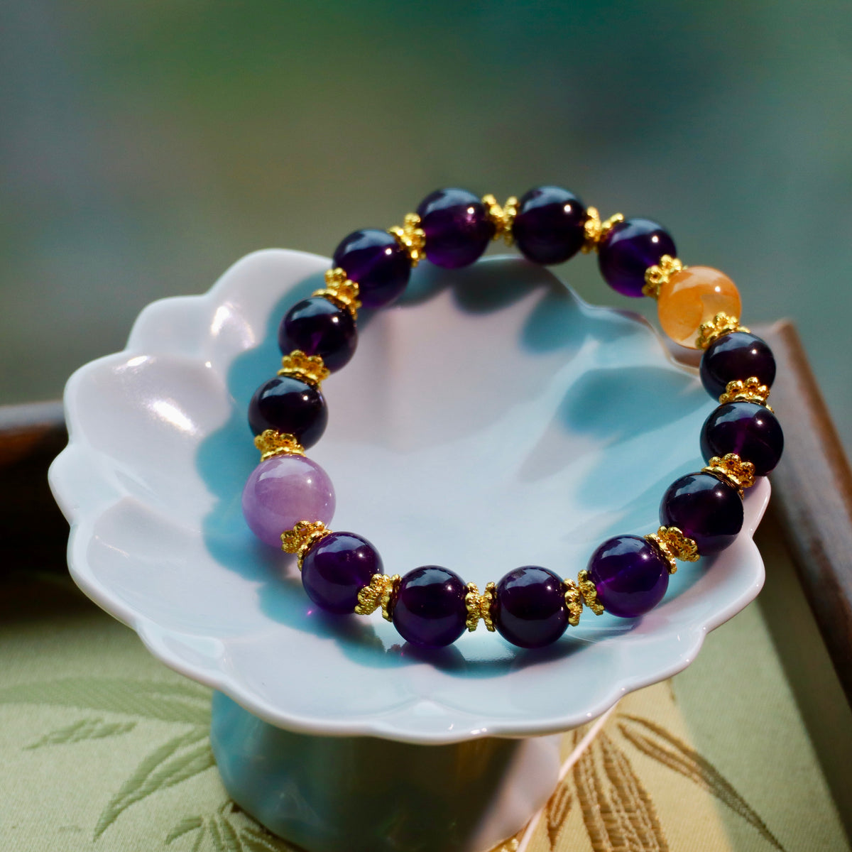 9-10mm Natural Uruguayan Amethyst Bracelet | Deep Purple Crystal with Yellow Hematoid Quartz