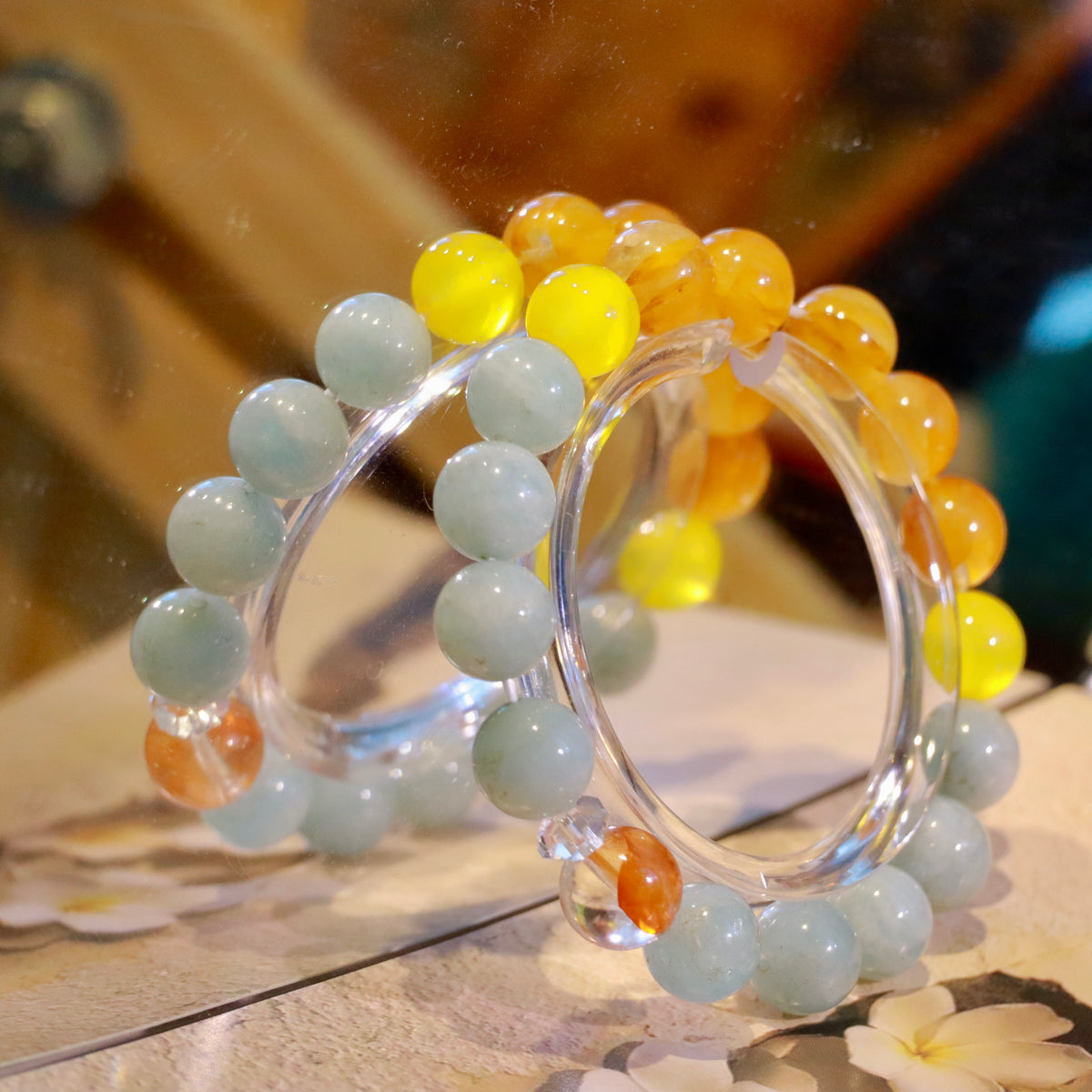 Natural Aquamarine & Yellow Hematoid Quartz Bracelet | 10mm Gemstone Beads