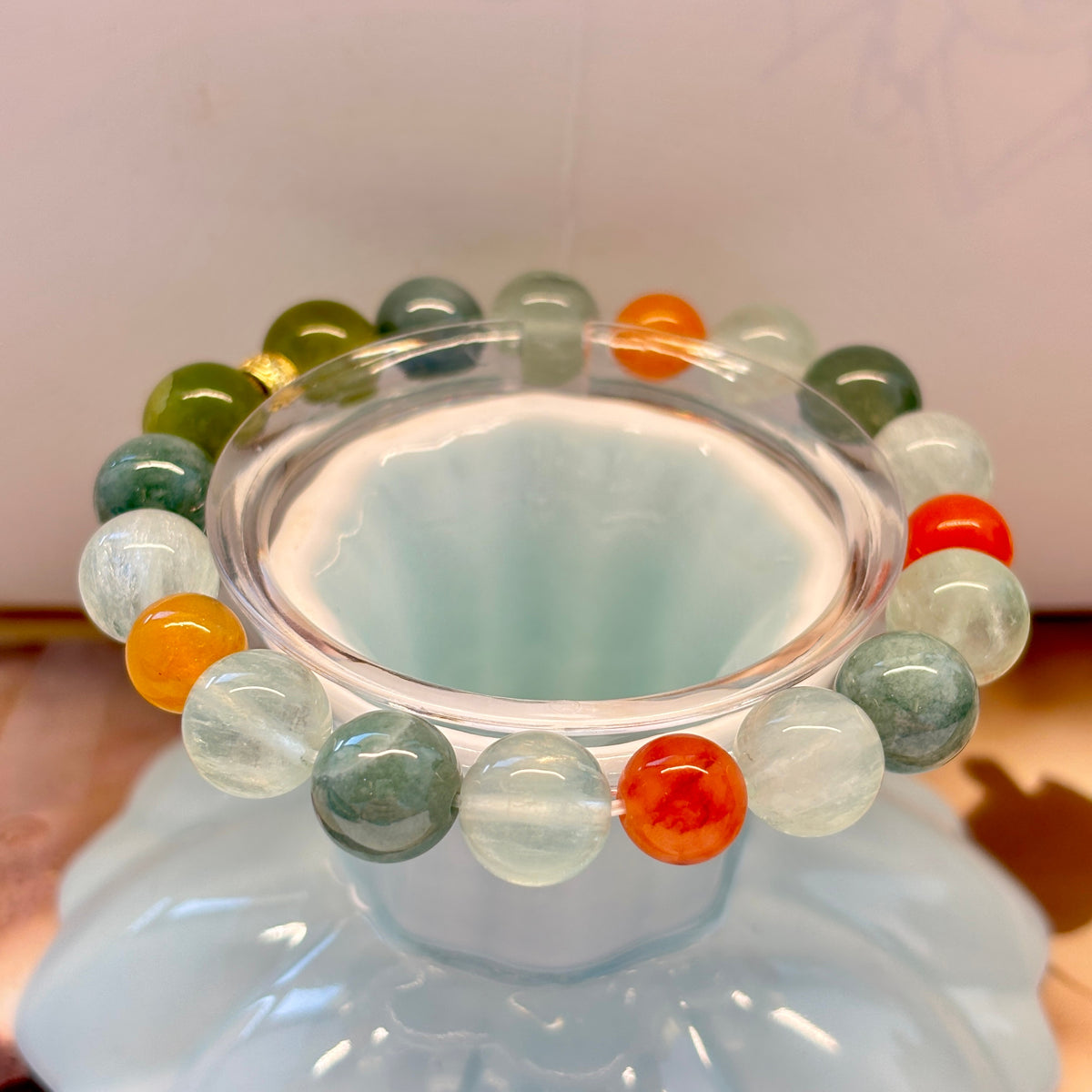 10mm Green Fluorite & Jade Bracelet with Sand Gold Accent