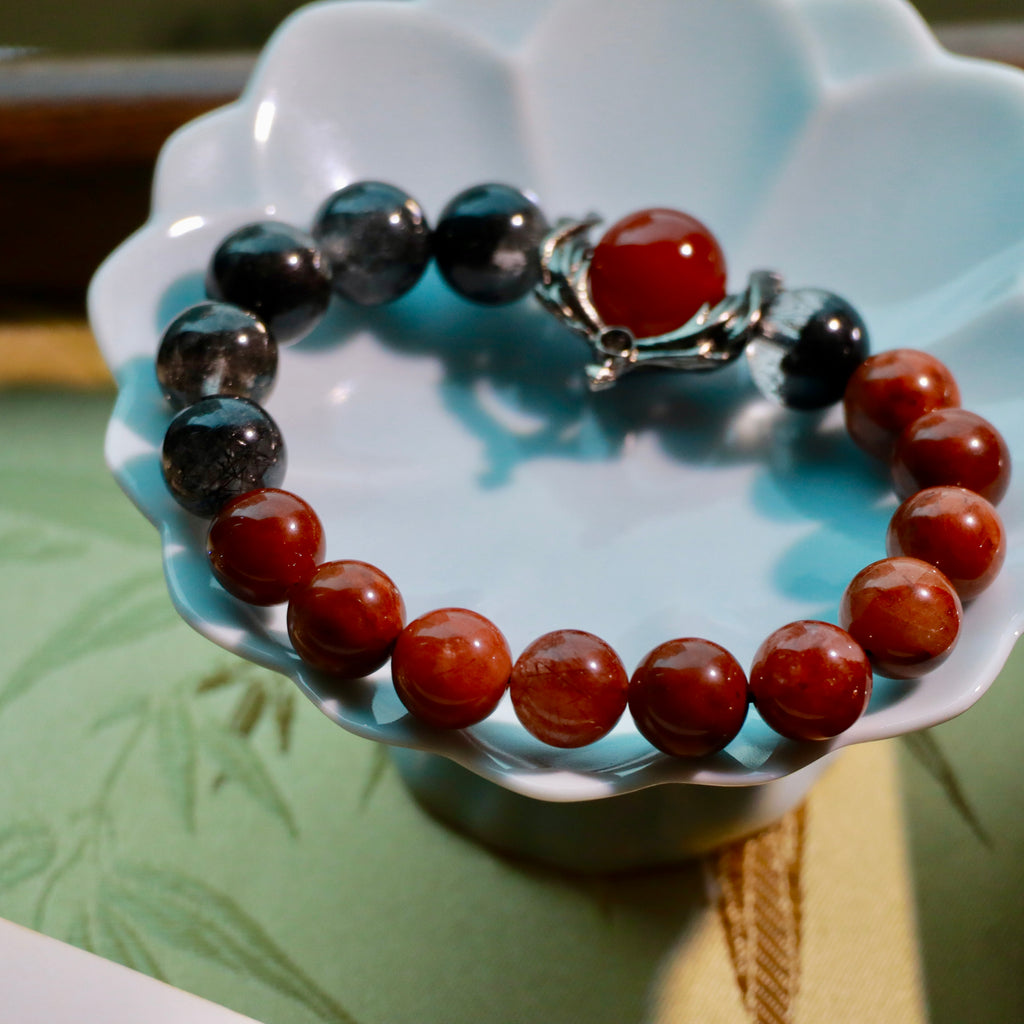 Natural Black Phantom & Red Rutilated Quartz Bracelet | 10mm Crystal Beads