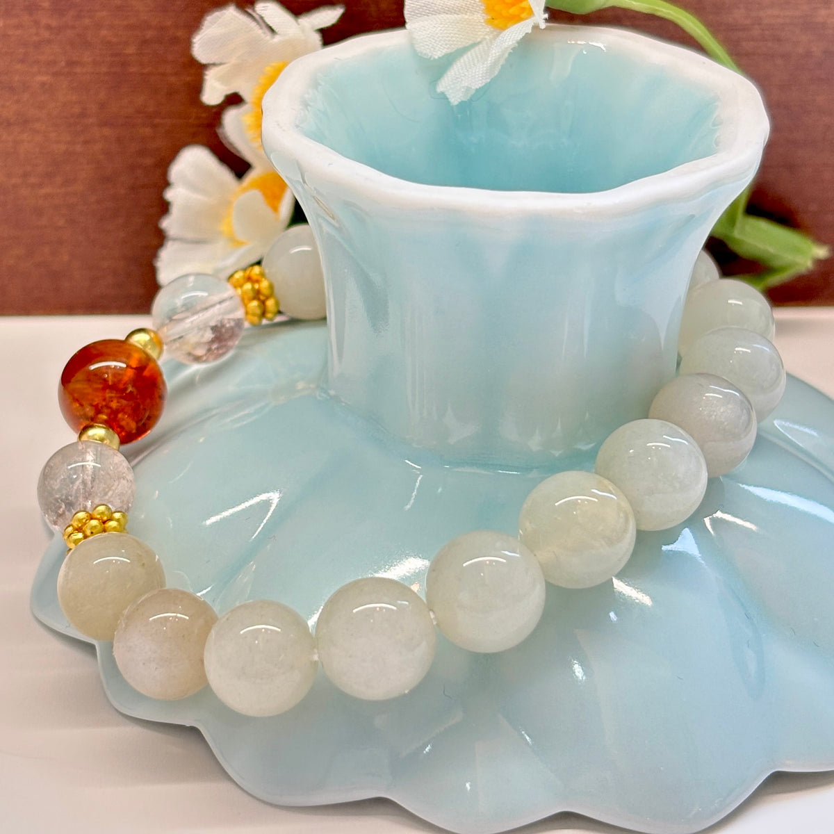 Natural Silver Moon Stone & Citrine Bracelet | 9mm Crystal Beads