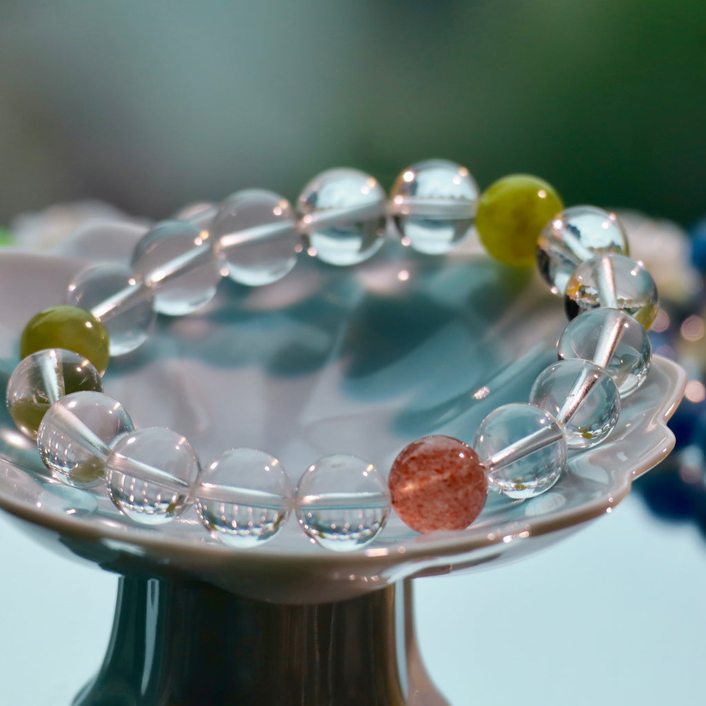 Natural Clear Quartz Bracelet with Xiuyan Jade & Strawberry Quartz | 10mm Gemstone Beads