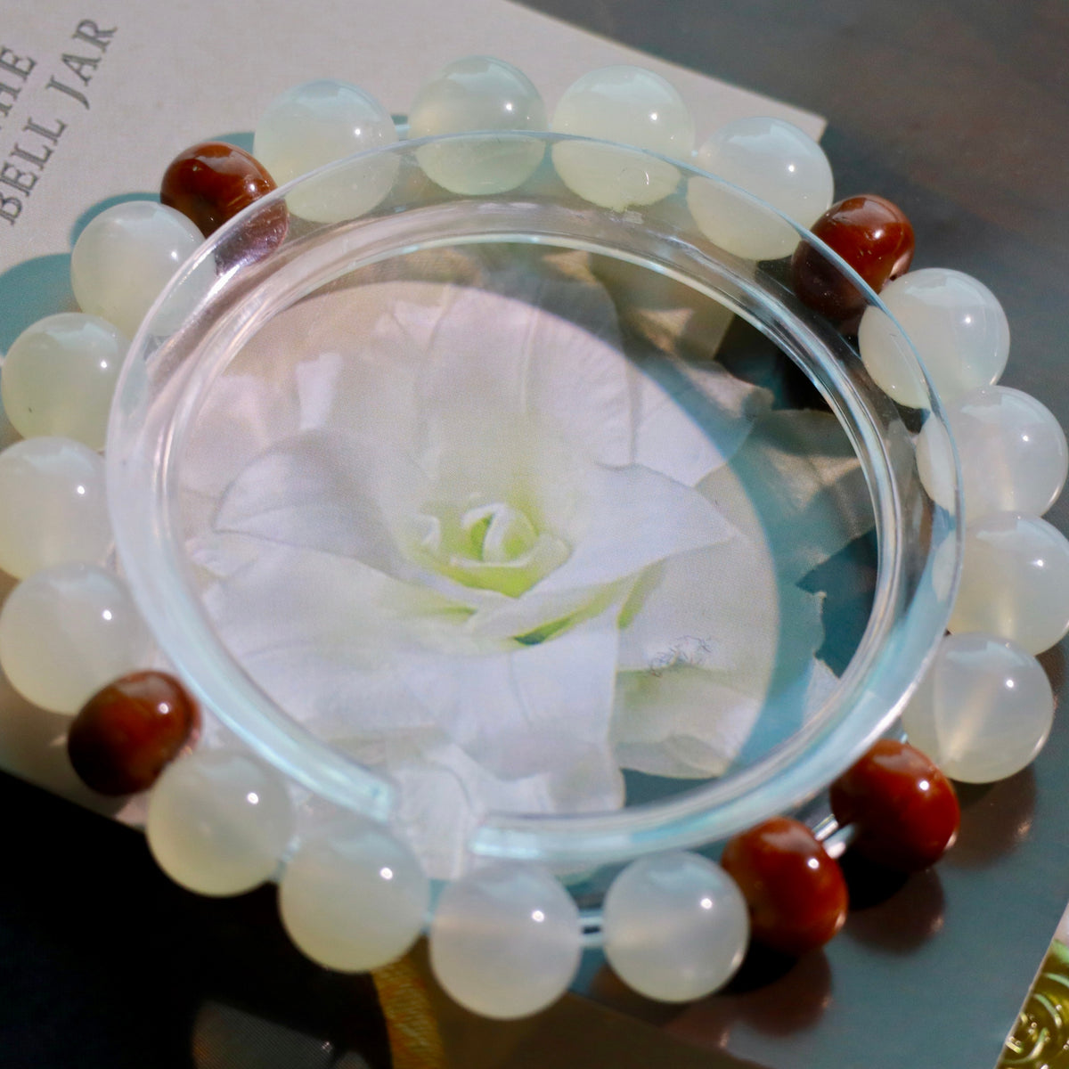 Natural Moonstone & Kuk Wood Bracelet | 9mm Gemstone Beads