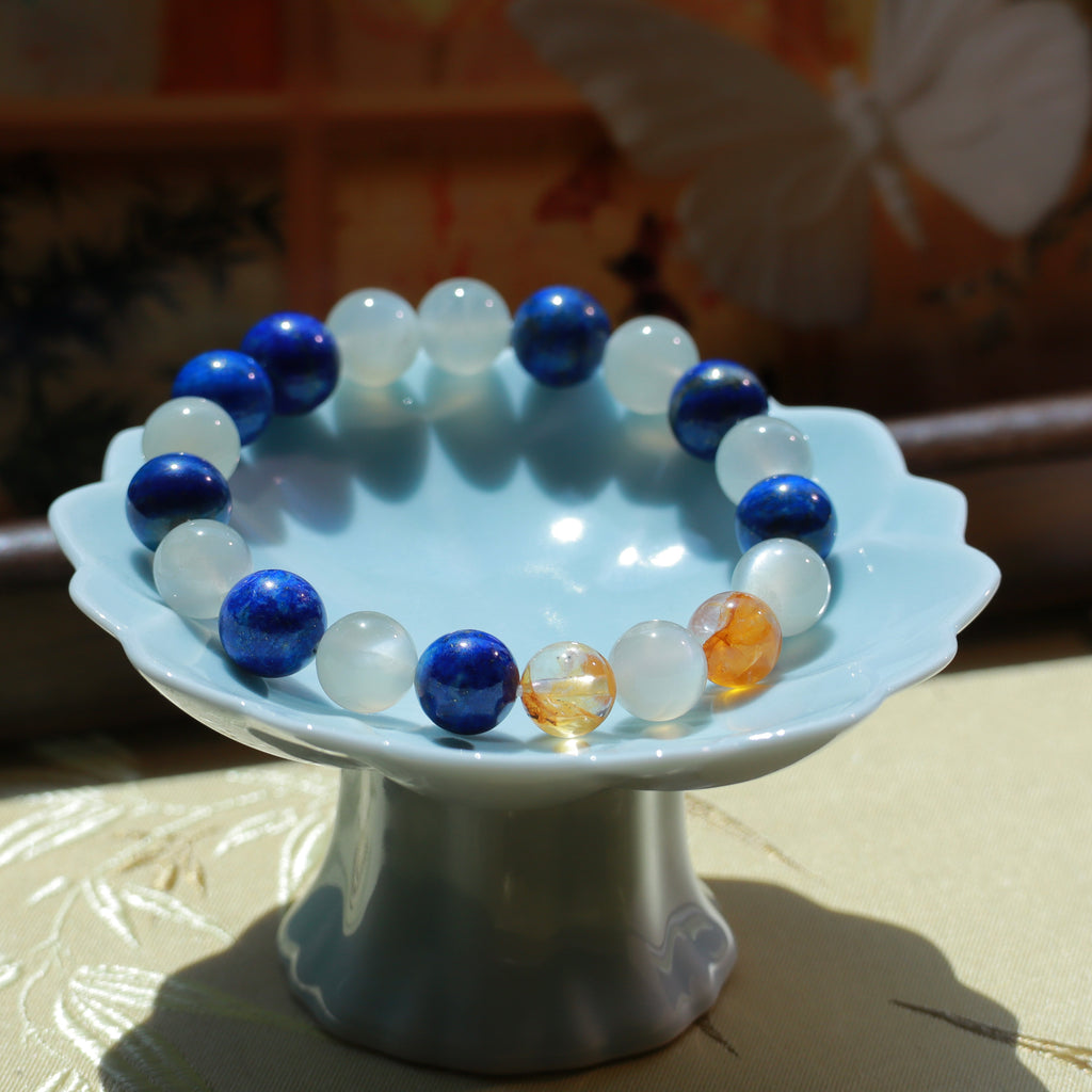 9-10mm Natural Lapis Lazuli, White Moonstone & Yellow Hematoid Quartz Bracelet