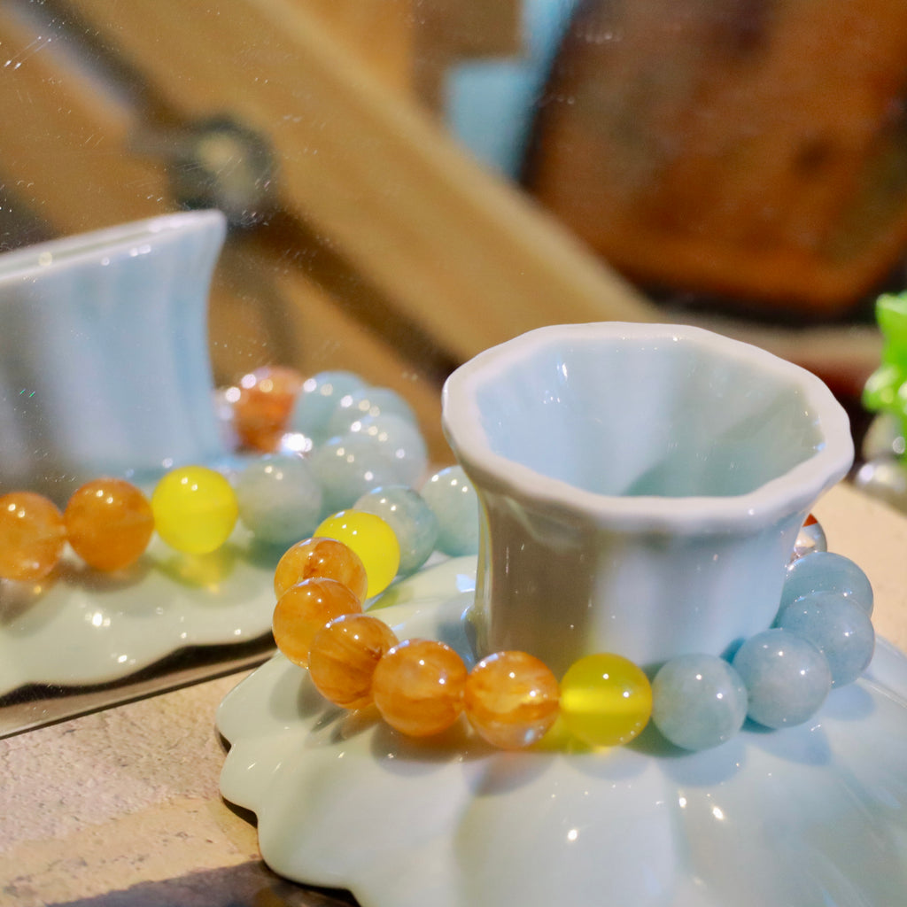 Natural Aquamarine & Yellow Hematoid Quartz Bracelet | 10mm Gemstone Beads