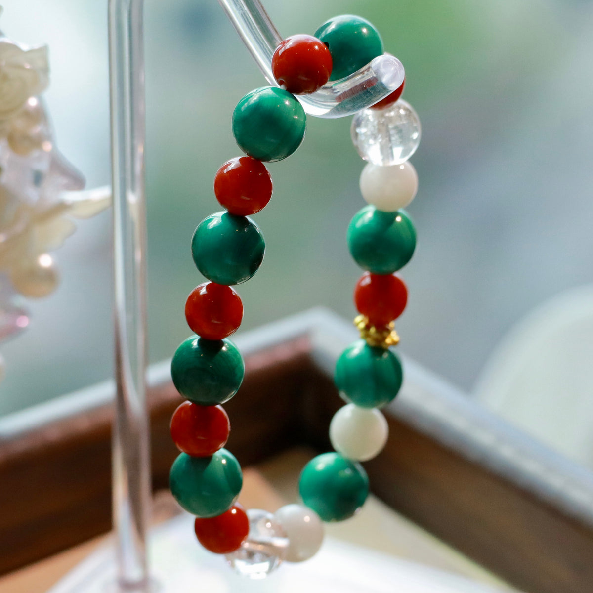10mm Malachite Bracelet with Nanhong Agate, Snowflake Phantom Quartz & White Azeztulite Christmas Decor