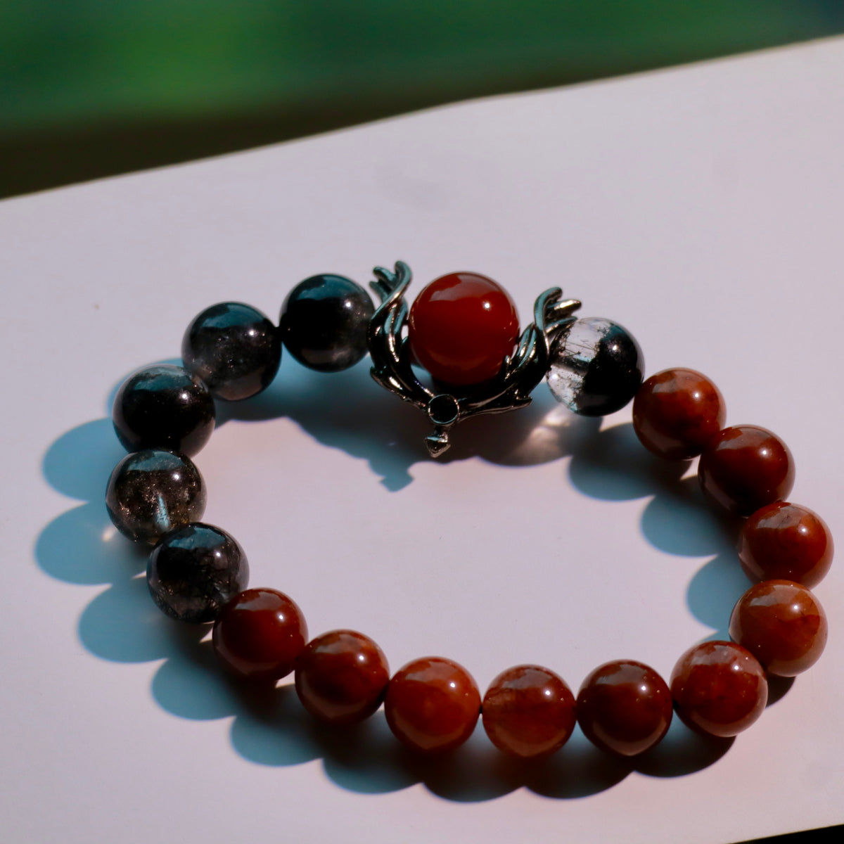 Natural Black Phantom & Red Rutilated Quartz Bracelet | 10mm Crystal Beads