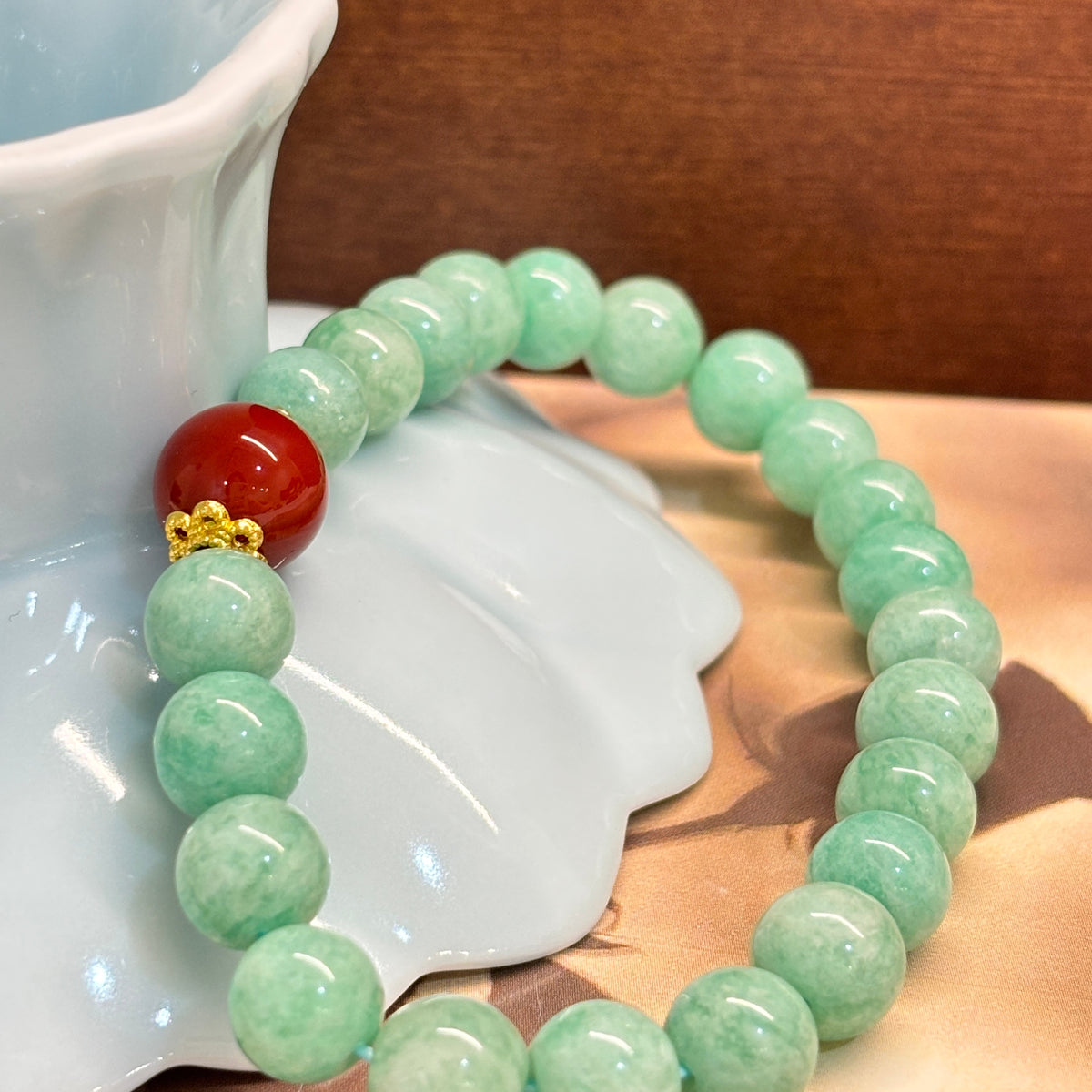 8mm Natural Old-Mine Amazonite Beaded Bracelet, Accented with a Single Red Agate