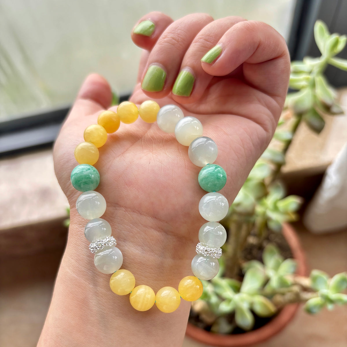 Natural Moonstone, Yellow Jade & Amazonite Gemstone Bracelet