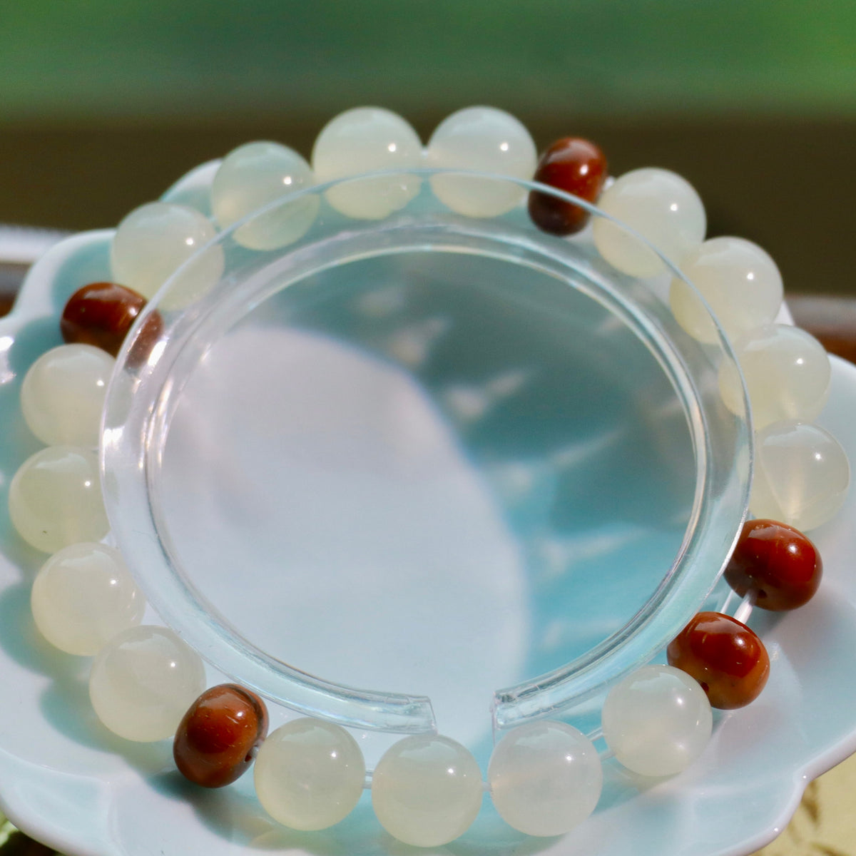 Natural Moonstone & Kuk Wood Bracelet | 9mm Gemstone Beads