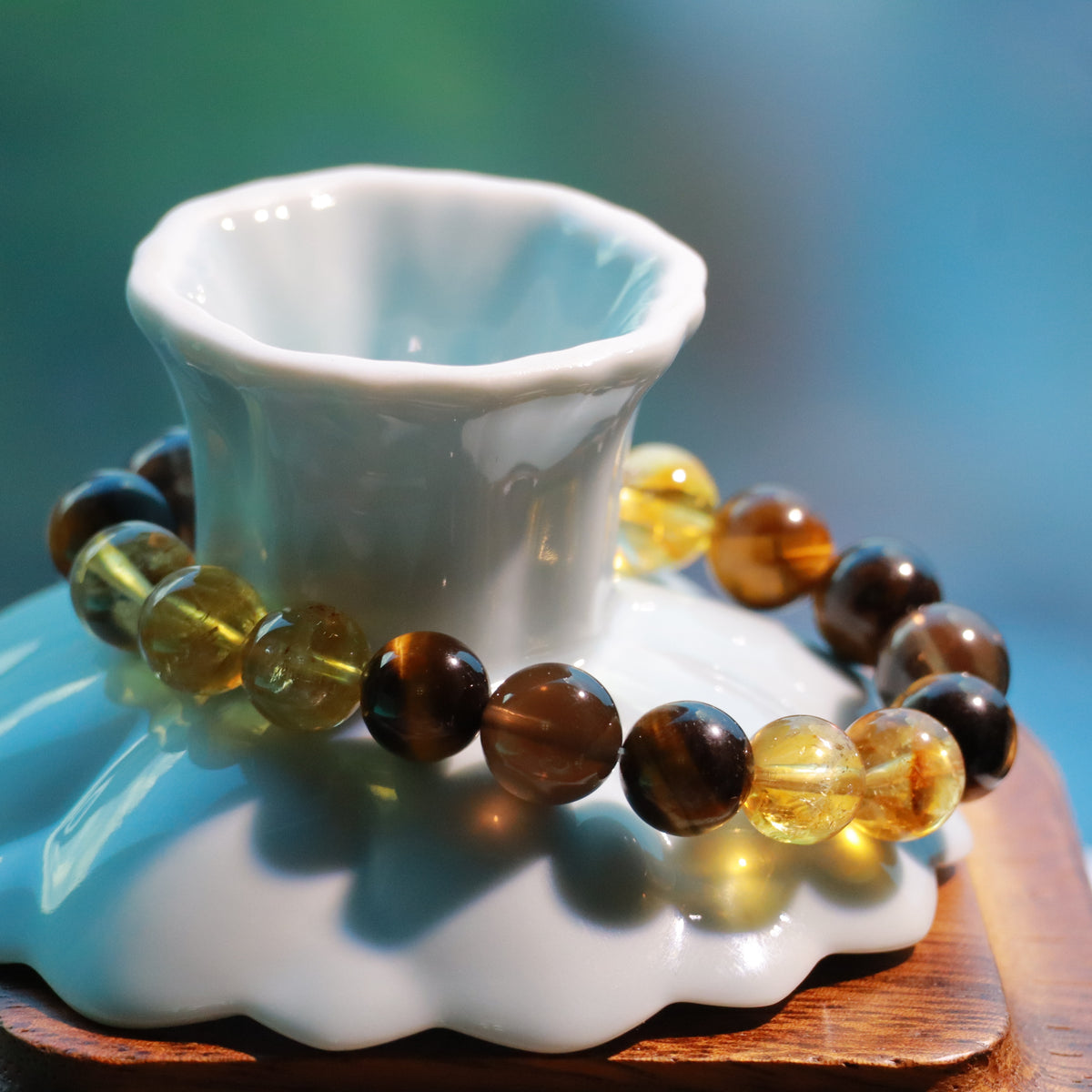 10mm Golden Citrine, Yellow Tiger’s Eye & Smoky Quartz Bracelet