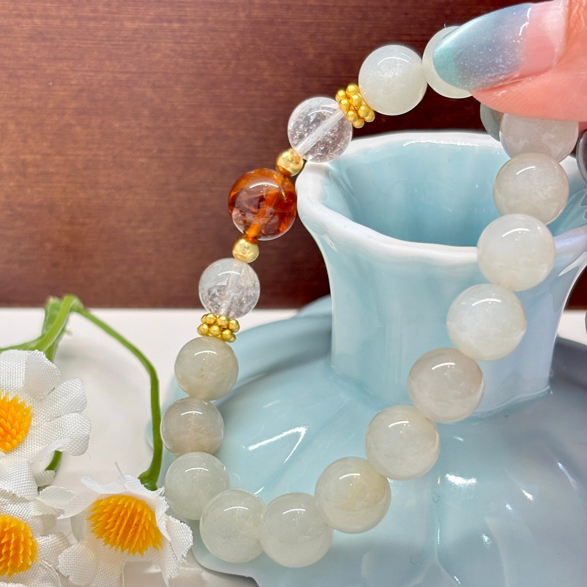 Natural Silver Moon Stone & Citrine Bracelet | 9mm Crystal Beads