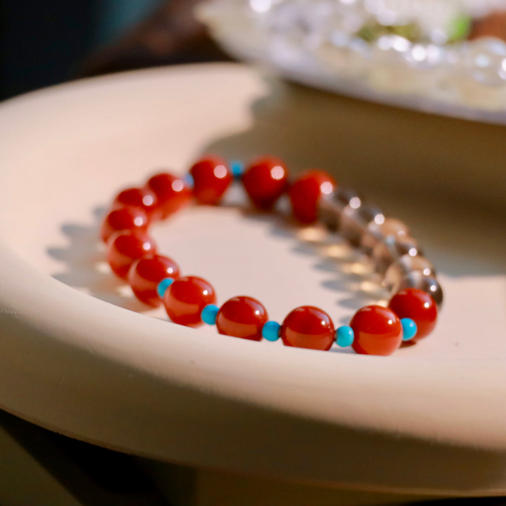 Natural Nanhong Agate & Smoky Quartz Bracelet | 8mm Gemstone Beads