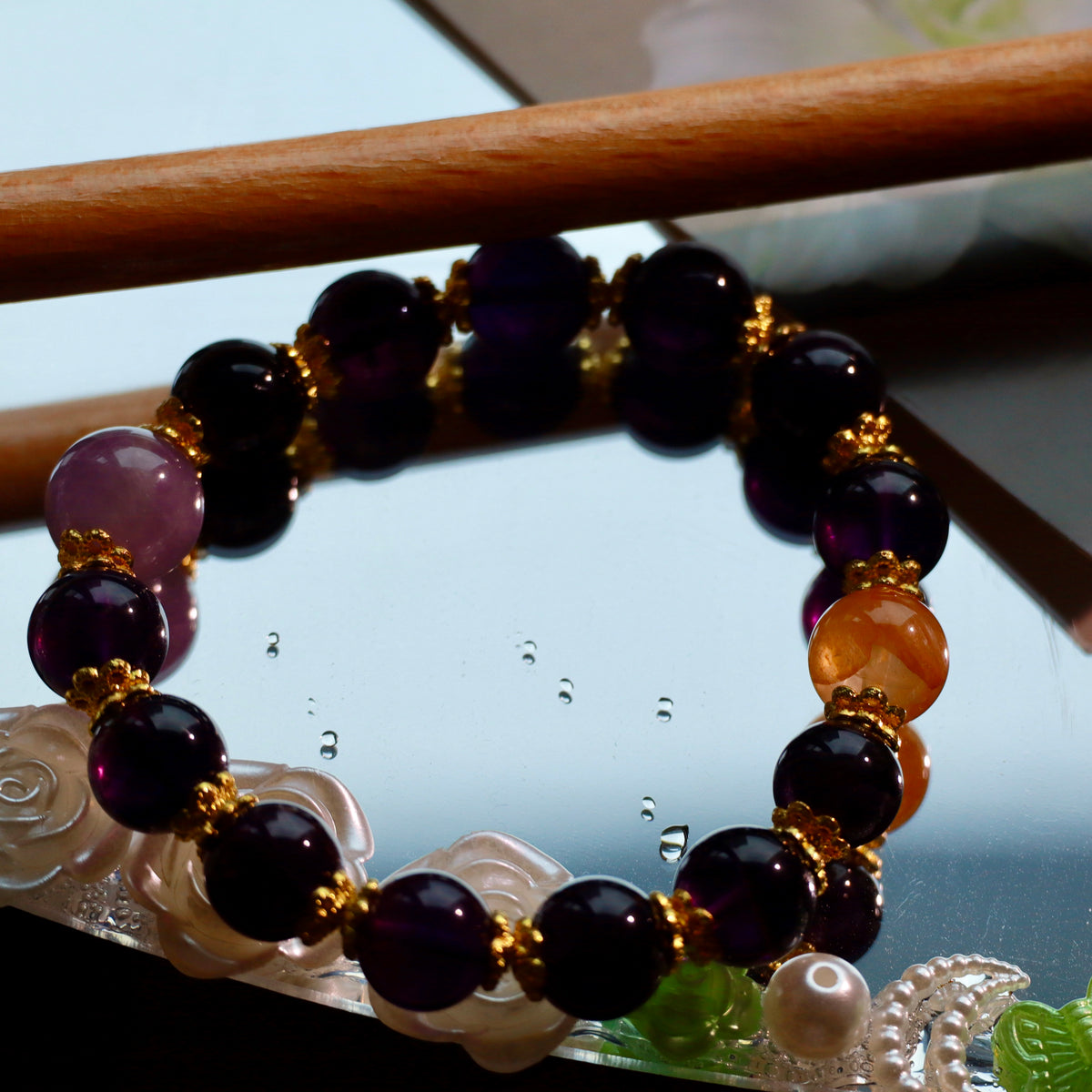 9-10mm Natural Uruguayan Amethyst Bracelet | Deep Purple Crystal with Yellow Hematoid Quartz