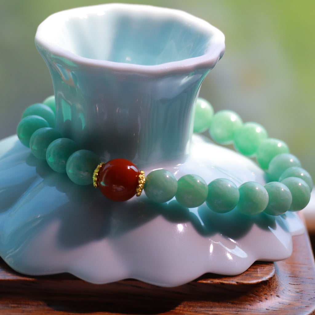 8mm Natural Old-Mine Amazonite Beaded Bracelet, Accented with a Single Red Agate