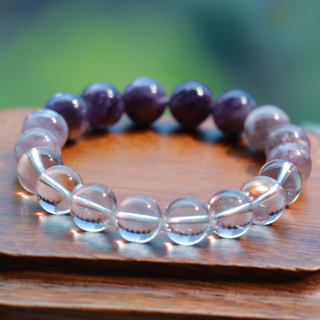 10mm Silver Purple Lepidolite & White Quartz Bracelet – Handmade Natural Crystal Stretch Bracelet
