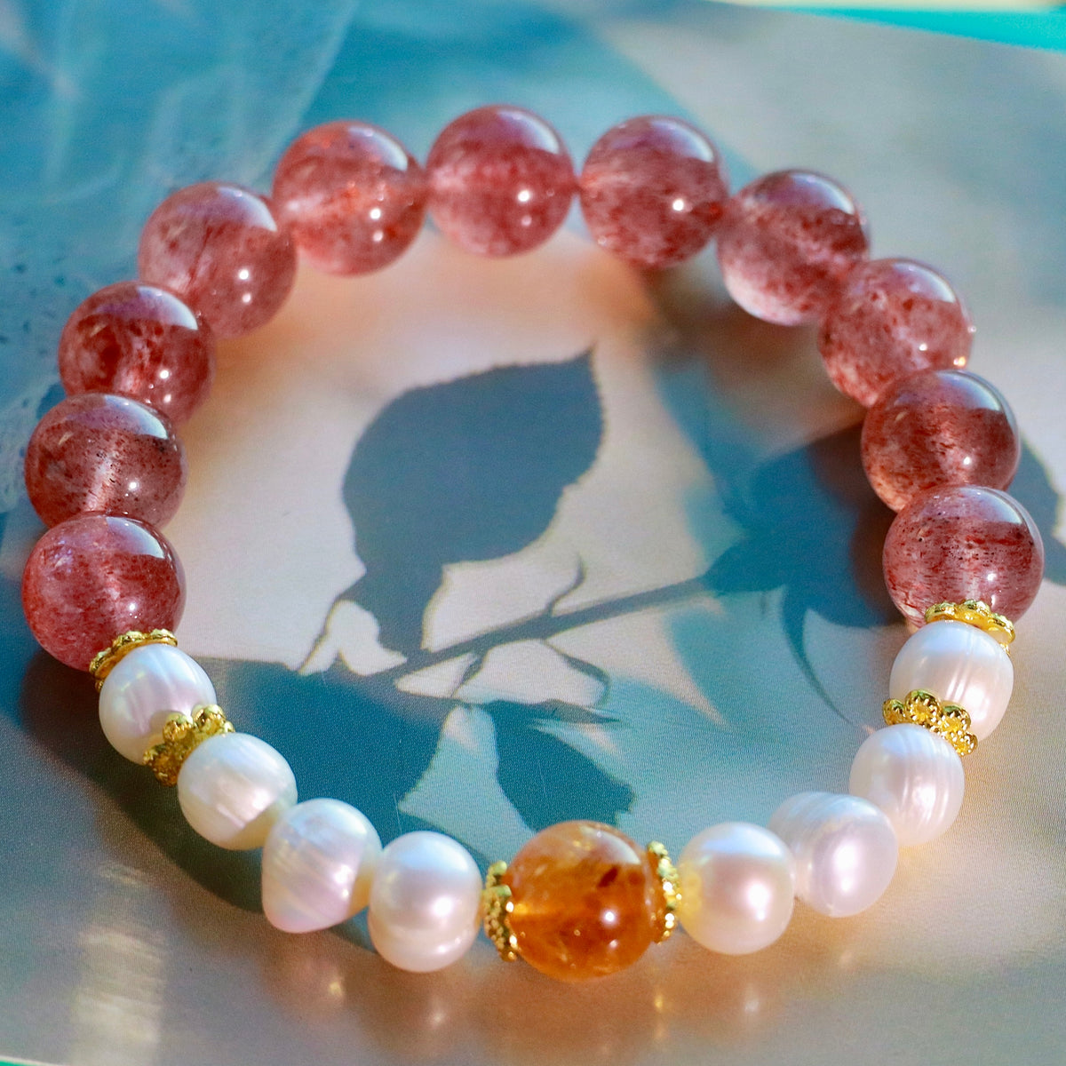 10mm Strawberry Quartz & Pearl Bracelet with Golden Rutilated Quartz