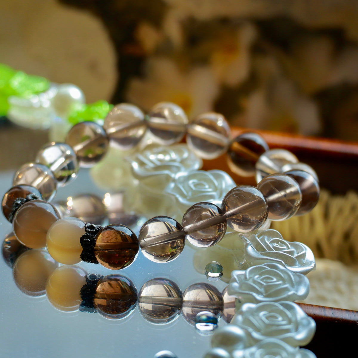 White & Black Smoky Quartz Bracelet with Cream Moonstone | 10mm Natural Gemstone Beads
