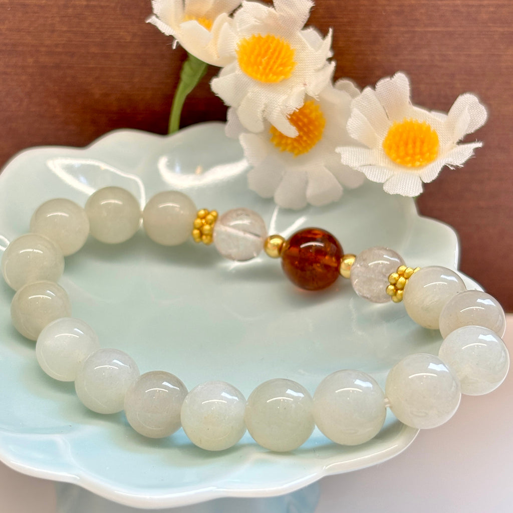 Natural Silver Moon Stone & Citrine Bracelet | 9mm Crystal Beads