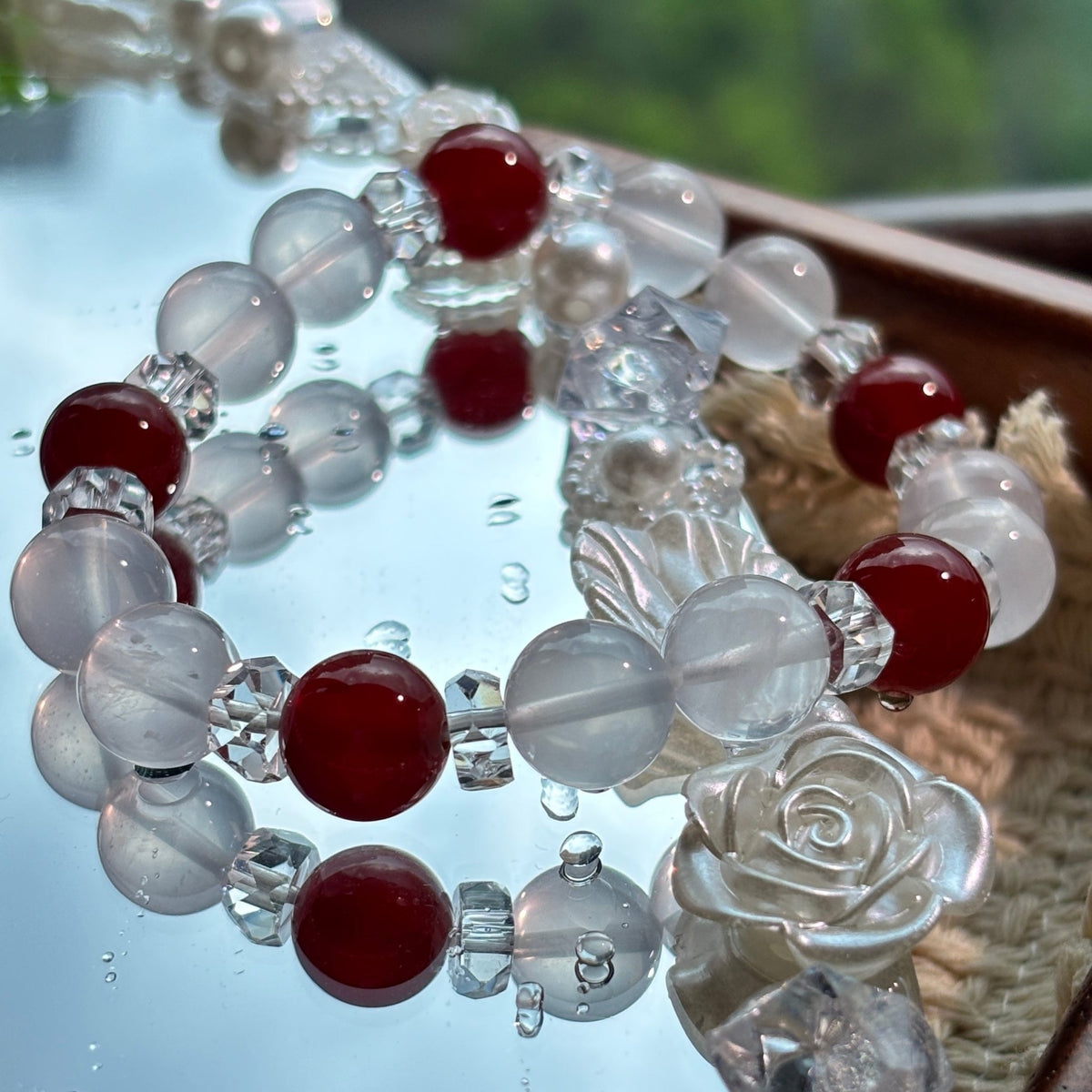 10mm Cream White Crystal & Red Agate Beaded Bracelet with Clear Quartz Spacers - DancingMotes