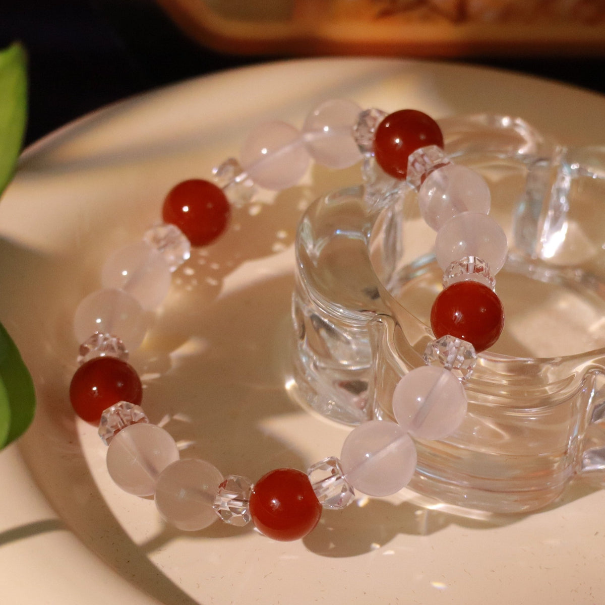 10mm Cream White Crystal & Red Agate Beaded Bracelet with Clear Quartz Spacers - DancingMotes