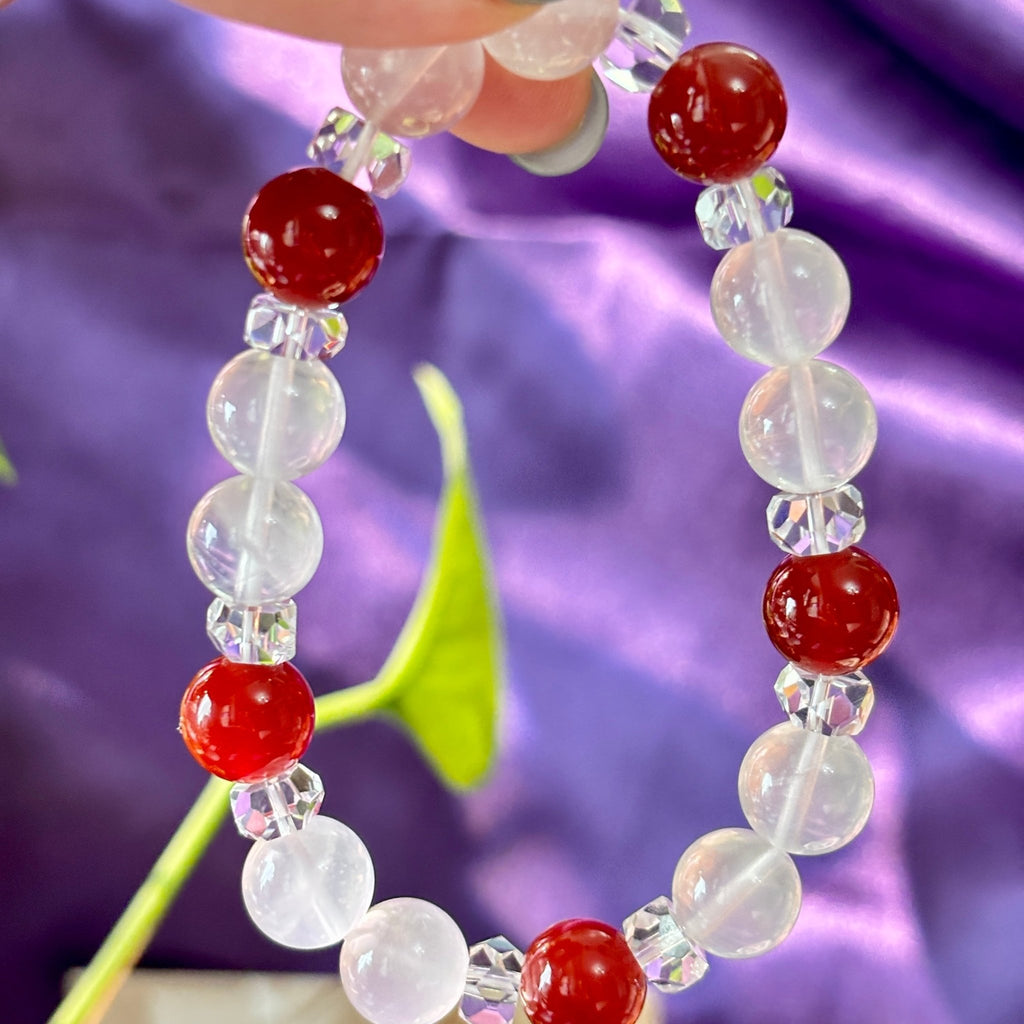 10mm Cream White Crystal & Red Agate Beaded Bracelet with Clear Quartz Spacers - DancingMotes