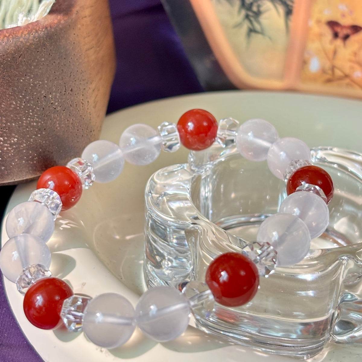 10mm Cream White Crystal & Red Agate Beaded Bracelet with Clear Quartz Spacers - DancingMotes
